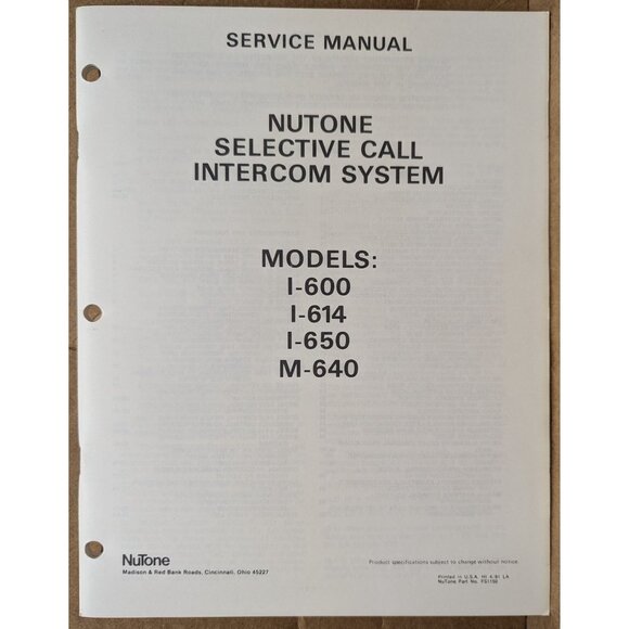 NUTONE SERVICE MANUAL FOR MODELS I-600, I-614, I-650, M-640 SELECTIVE INTERCOM - Picture 1 of 4